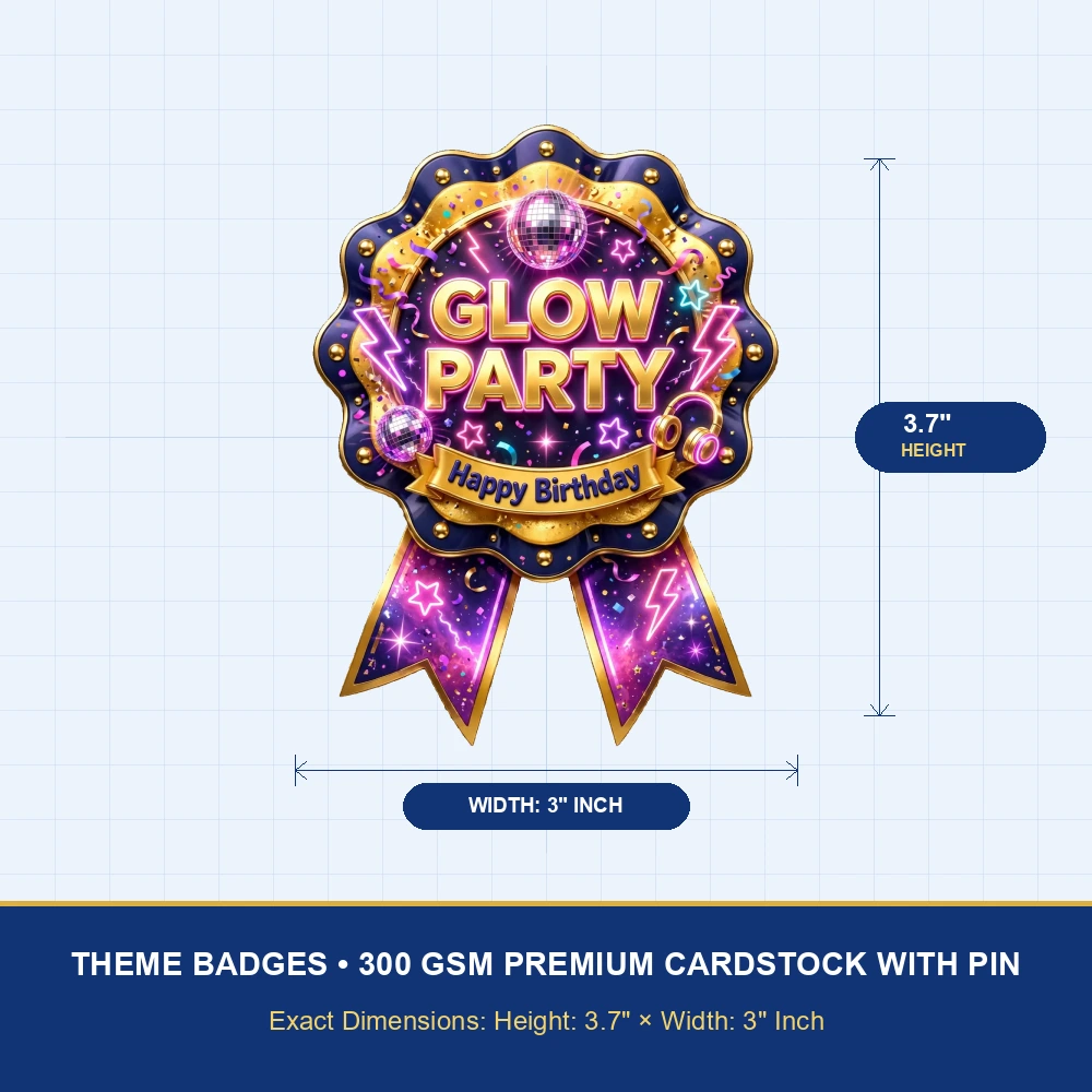 Glow Party Theme Theme Badges Birthday Party Supplies (PACK OF 16) - 300 GSM Premium Cardstock with Pin (3.7 x 3 Inch) - Premium Party Decor Supply by Party Decor Mall - View 4