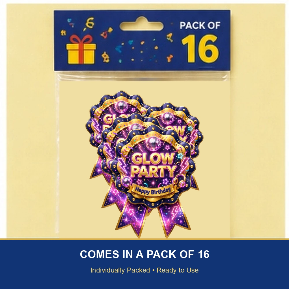 Glow Party Theme Theme Badges Birthday Party Supplies (PACK OF 16) - 300 GSM Premium Cardstock with Pin (3.7 x 3 Inch) - Premium Party Decor Supply by Party Decor Mall - View 6