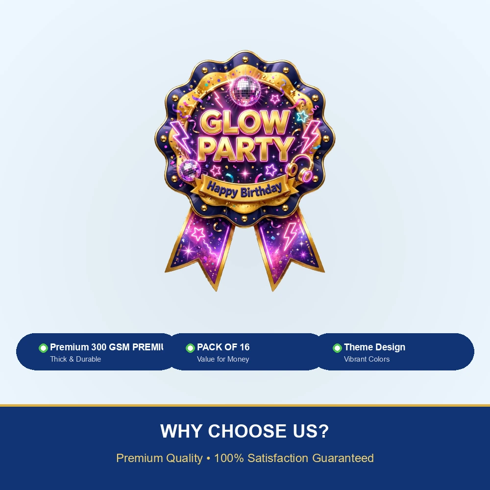 Glow Party Theme Theme Badges Birthday Party Supplies (PACK OF 16) - 300 GSM Premium Cardstock with Pin (3.7 x 3 Inch) - Premium Party Decor Supply by Party Decor Mall - View 7