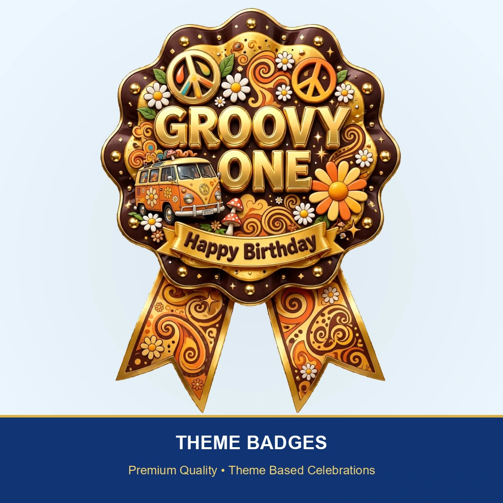 Groovy One Theme Theme Badges Birthday Party Supplies (PACK OF 16) - 300 GSM Premium Cardstock with Pin (3.7 x 3 Inch) - Premium Party Decor Supply by Party Decor Mall - View 2