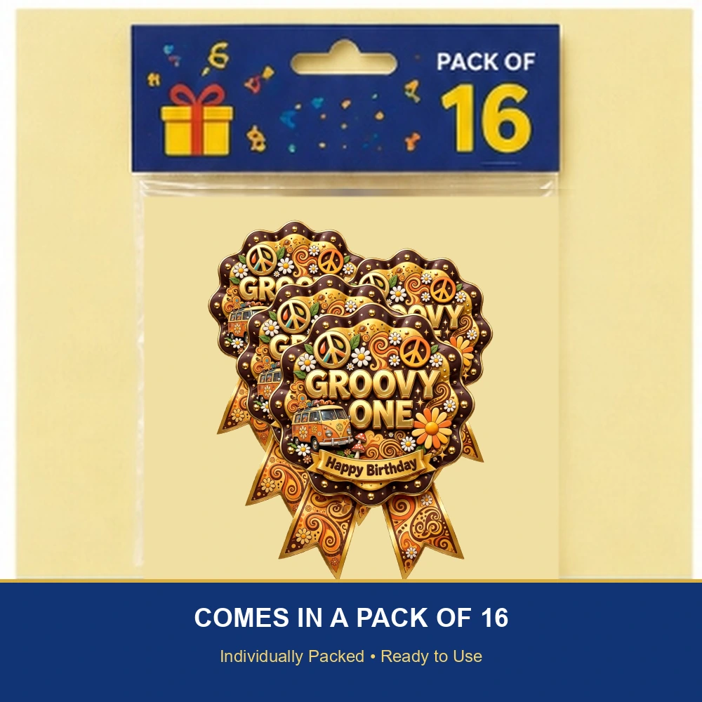 Groovy One Theme Theme Badges Birthday Party Supplies (PACK OF 16) - 300 GSM Premium Cardstock with Pin (3.7 x 3 Inch) - Premium Party Decor Supply by Party Decor Mall - View 6