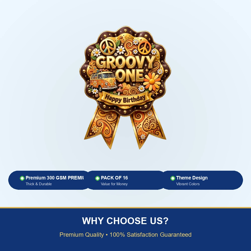 Groovy One Theme Theme Badges Birthday Party Supplies (PACK OF 16) - 300 GSM Premium Cardstock with Pin (3.7 x 3 Inch) - Premium Party Decor Supply by Party Decor Mall - View 7
