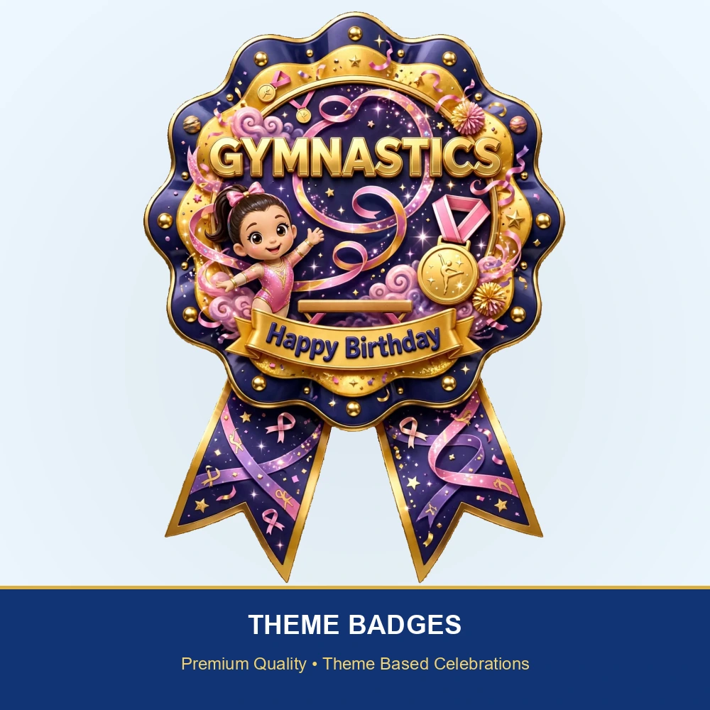 Gymnastics Theme Theme Badges Birthday Party Supplies (PACK OF 16) - 300 GSM Premium Cardstock with Pin (3.7 x 3 Inch) - Premium Party Decor Supply by Party Decor Mall - View 2