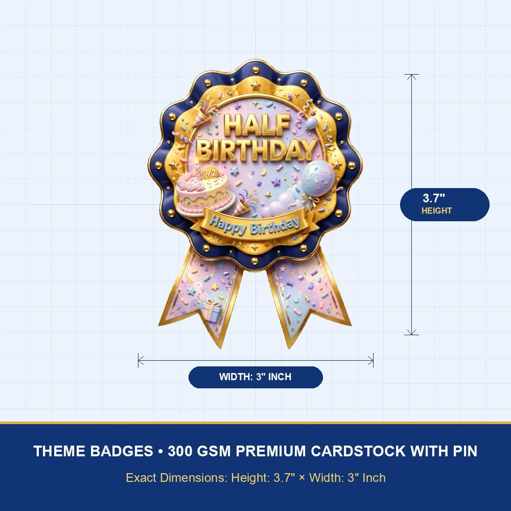 Half Birthday Theme Theme Badges Birthday Party Supplies (PACK OF 16) - 300 GSM Premium Cardstock with Pin (3.7 x 3 Inch) - Premium Party Decor Supply by Party Decor Mall - View 4