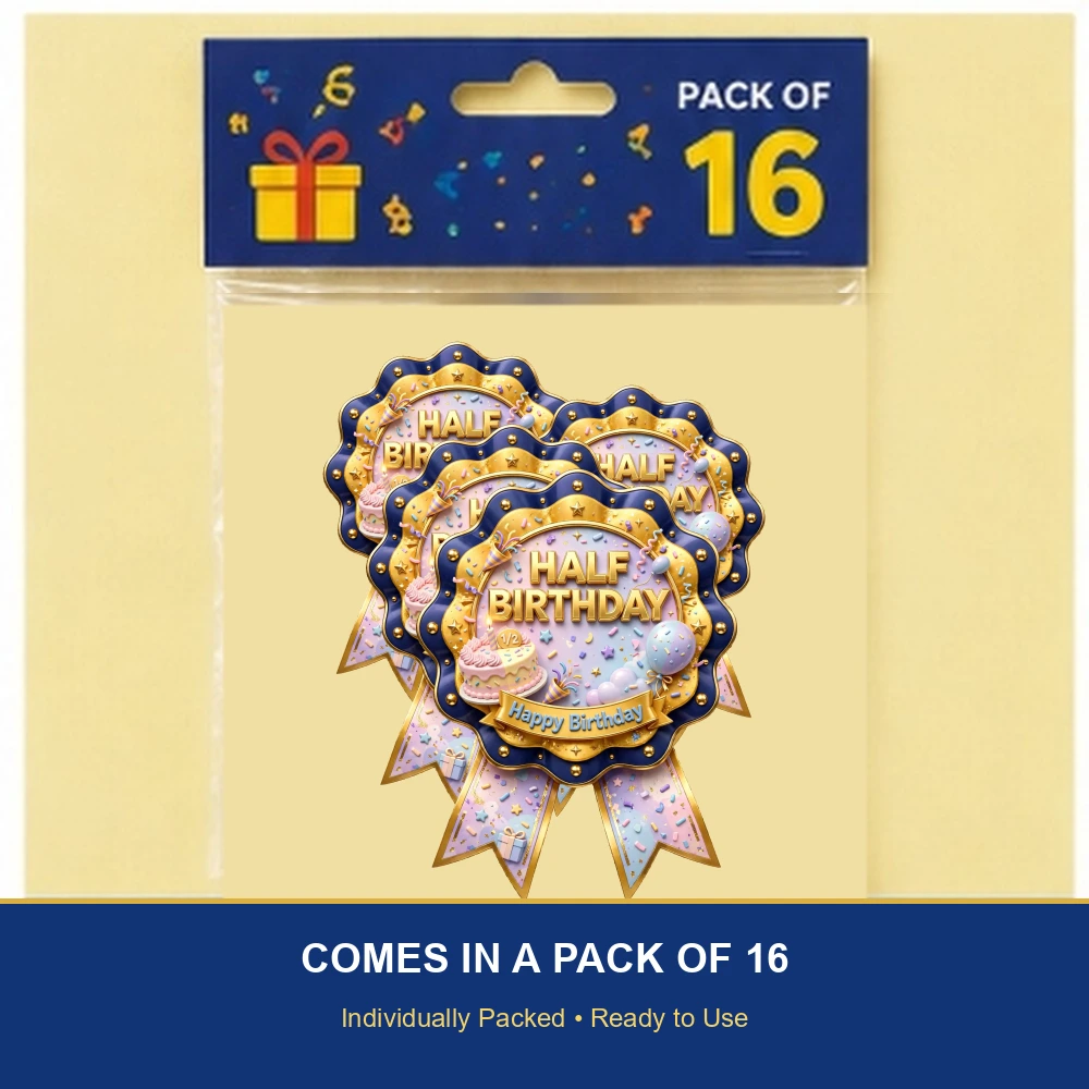 Half Birthday Theme Theme Badges Birthday Party Supplies (PACK OF 16) - 300 GSM Premium Cardstock with Pin (3.7 x 3 Inch) - Premium Party Decor Supply by Party Decor Mall - View 6