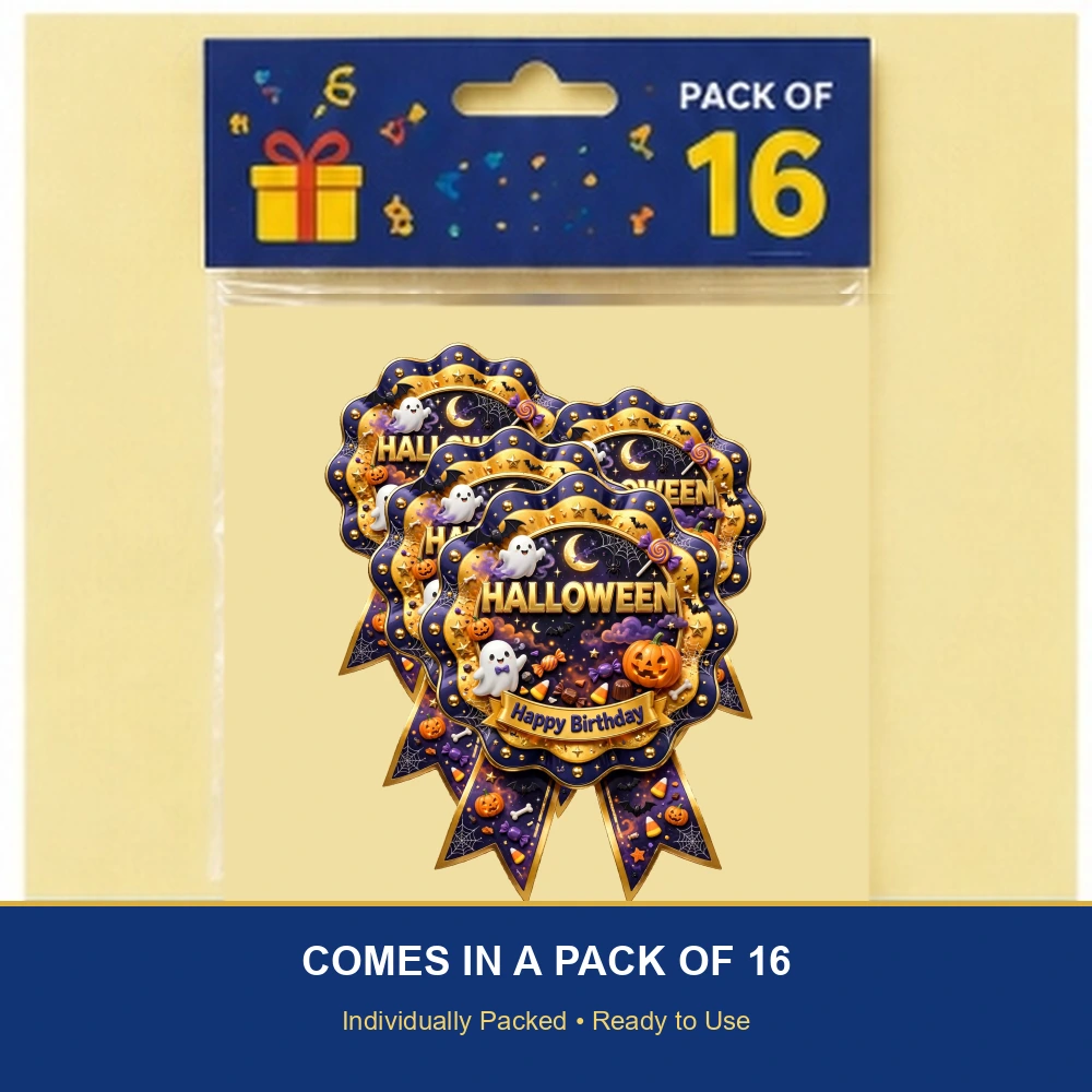 Halloween Theme Theme Badges Birthday Party Supplies (PACK OF 16) - 300 GSM Premium Cardstock with Pin (3.7 x 3 Inch) - Premium Party Decor Supply by Party Decor Mall - View 6