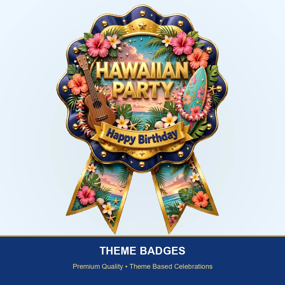 Hawaiian Party Theme Theme Badges Birthday Party Supplies (PACK OF 16) - 300 GSM Premium Cardstock with Pin (3.7 x 3 Inch) - Premium Party Decor Supply by Party Decor Mall - View 2