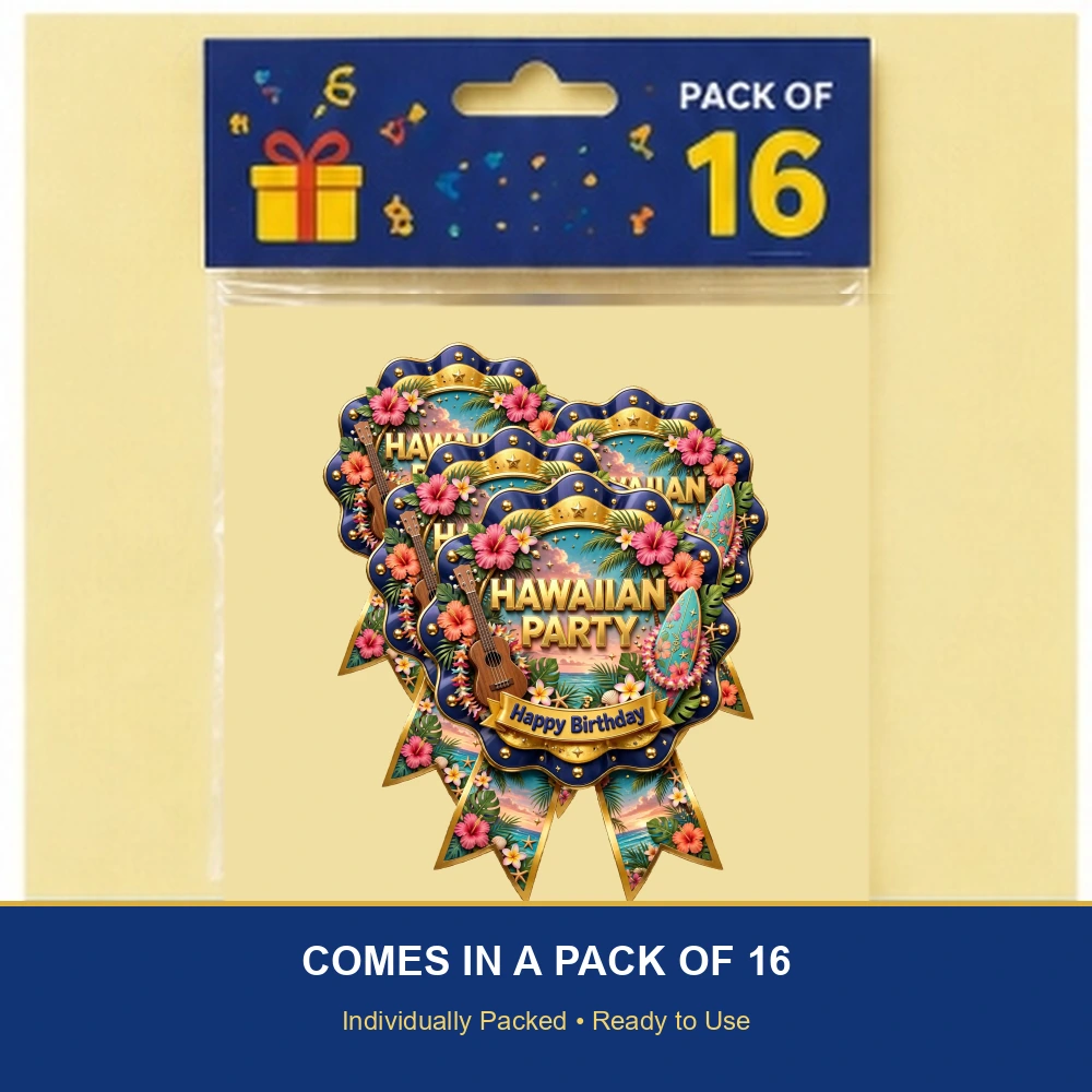 Hawaiian Party Theme Theme Badges Birthday Party Supplies (PACK OF 16) - 300 GSM Premium Cardstock with Pin (3.7 x 3 Inch) - Premium Party Decor Supply by Party Decor Mall - View 6