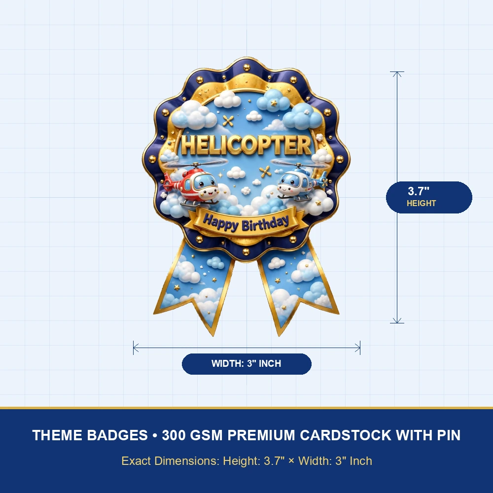 Helicopter Theme Theme Badges Birthday Party Supplies (PACK OF 16) - 300 GSM Premium Cardstock with Pin (3.7 x 3 Inch) - Premium Party Decor Supply by Party Decor Mall - View 4