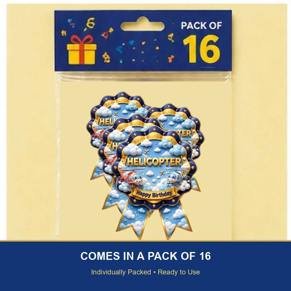 Helicopter Theme Theme Badges Birthday Party Supplies (PACK OF 16) - 300 GSM Premium Cardstock with Pin (3.7 x 3 Inch) - Premium Party Decor Supply by Party Decor Mall - View 6