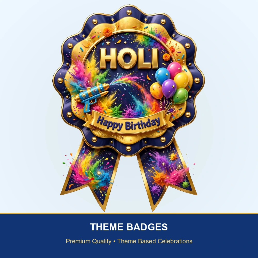 Holi Theme Theme Badges Birthday Party Supplies (PACK OF 16) - 300 GSM Premium Cardstock with Pin (3.7 x 3 Inch) - Premium Party Decor Supply by Party Decor Mall - View 2