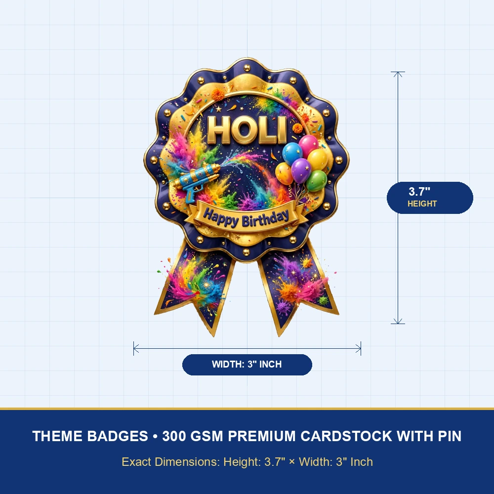 Holi Theme Theme Badges Birthday Party Supplies (PACK OF 16) - 300 GSM Premium Cardstock with Pin (3.7 x 3 Inch) - Premium Party Decor Supply by Party Decor Mall - View 4