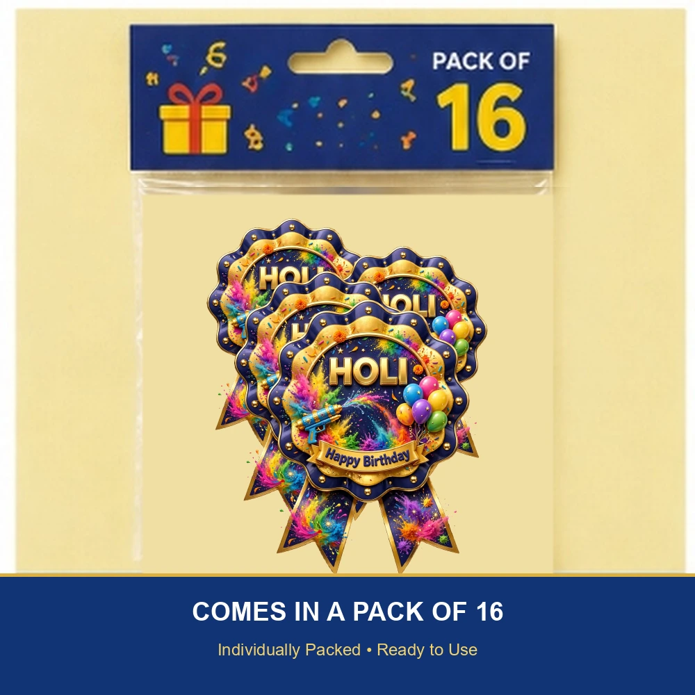 Holi Theme Theme Badges Birthday Party Supplies (PACK OF 16) - 300 GSM Premium Cardstock with Pin (3.7 x 3 Inch) - Premium Party Decor Supply by Party Decor Mall - View 6