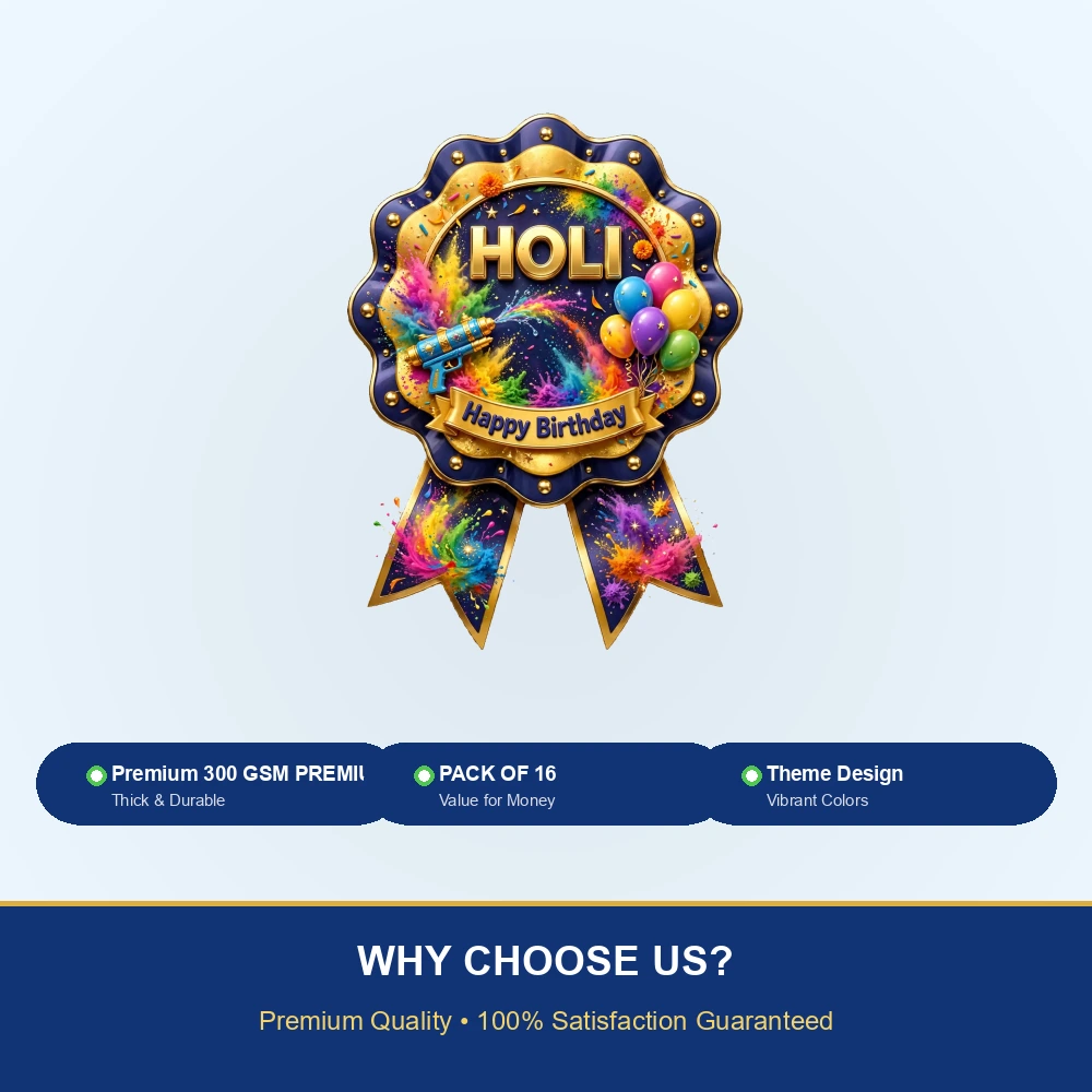 Holi Theme Theme Badges Birthday Party Supplies (PACK OF 16) - 300 GSM Premium Cardstock with Pin (3.7 x 3 Inch) - Premium Party Decor Supply by Party Decor Mall - View 7