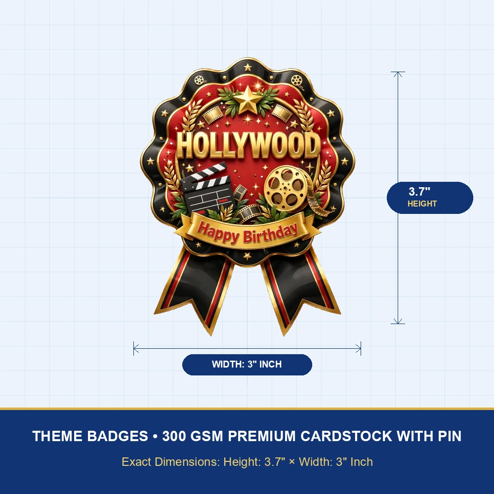 Hollywood Theme Theme Badges Birthday Party Supplies (PACK OF 16) - 300 GSM Premium Cardstock with Pin (3.7 x 3 Inch) - Premium Party Decor Supply by Party Decor Mall - View 4