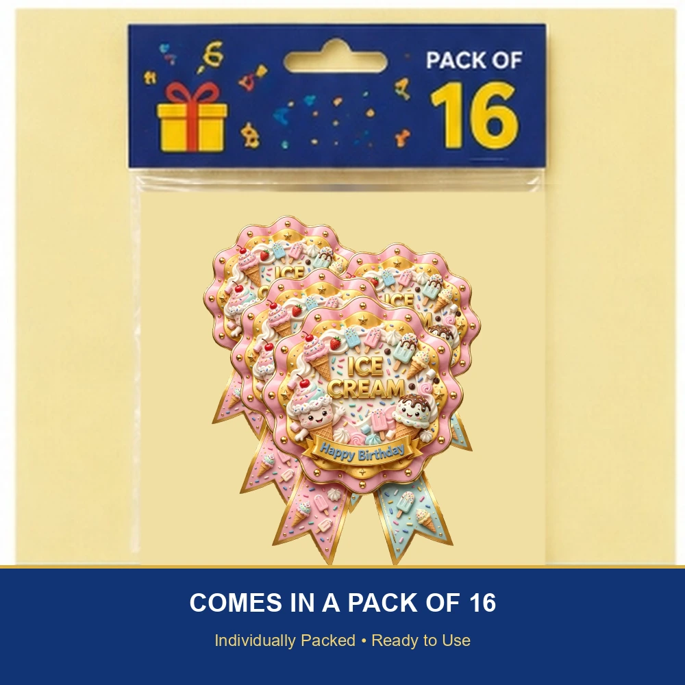 Ice Cream Theme Theme Badges Birthday Party Supplies (PACK OF 16) - 300 GSM Premium Cardstock with Pin (3.7 x 3 Inch) - Premium Party Decor Supply by Party Decor Mall - View 6