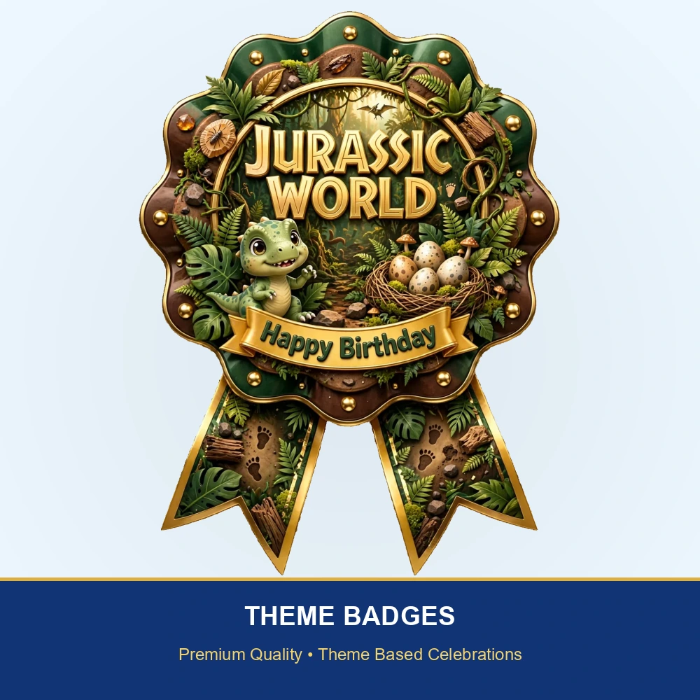 Jurassic World Theme Theme Badges Birthday Party Supplies (PACK OF 16) - 300 GSM Premium Cardstock with Pin (3.7 x 3 Inch) - Premium Party Decor Supply by Party Decor Mall - View 2