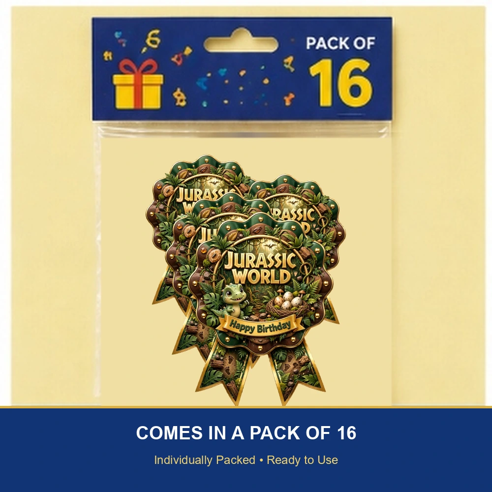 Jurassic World Theme Theme Badges Birthday Party Supplies (PACK OF 16) - 300 GSM Premium Cardstock with Pin (3.7 x 3 Inch) - Premium Party Decor Supply by Party Decor Mall - View 6