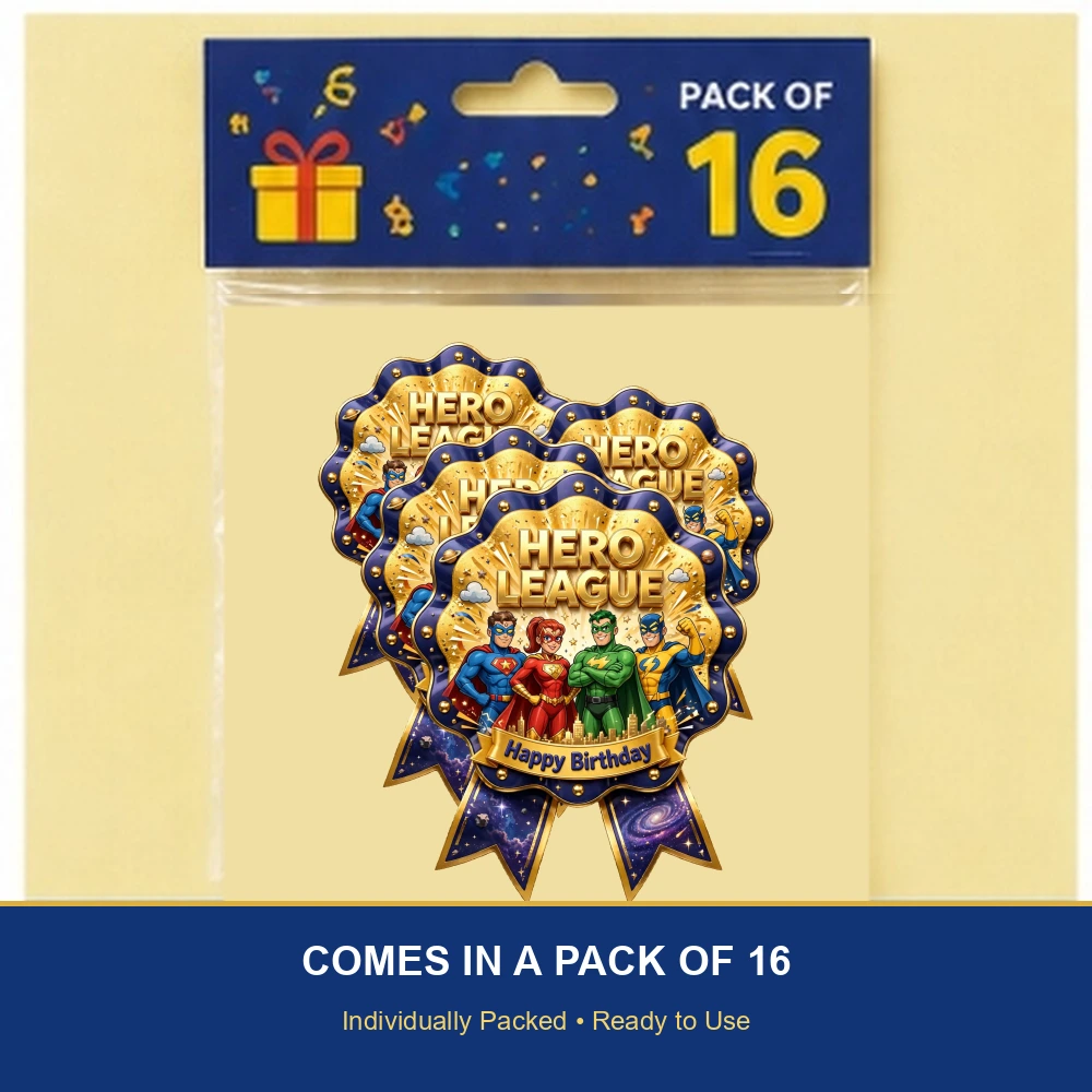 Justice League Theme Theme Badges Birthday Party Supplies (PACK OF 16) - 300 GSM Premium Cardstock with Pin (3.7 x 3 Inch) - Premium Party Decor Supply by Party Decor Mall - View 6