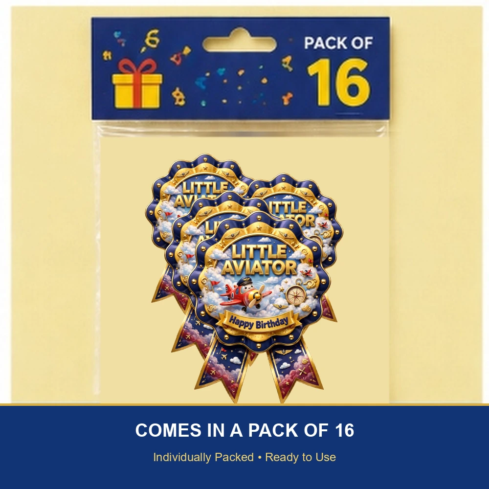 Little Aviator Theme Theme Badges Birthday Party Supplies (PACK OF 16) - 300 GSM Premium Cardstock with Pin (3.7 x 3 Inch) - Premium Party Decor Supply by Party Decor Mall - View 6