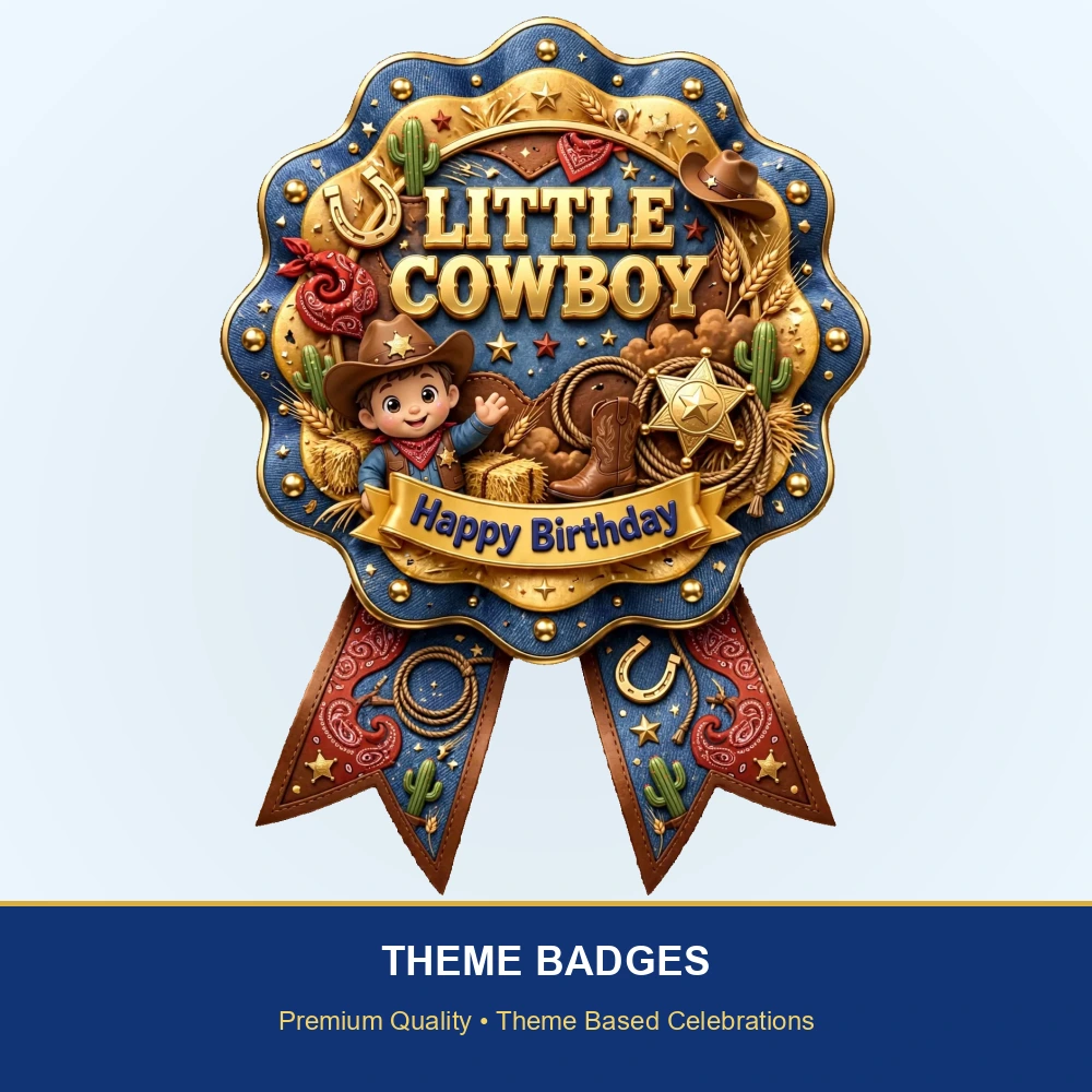 Little Cowboy Theme Theme Badges Birthday Party Supplies (PACK OF 16) - 300 GSM Premium Cardstock with Pin (3.7 x 3 Inch) - Premium Party Decor Supply by Party Decor Mall - View 2