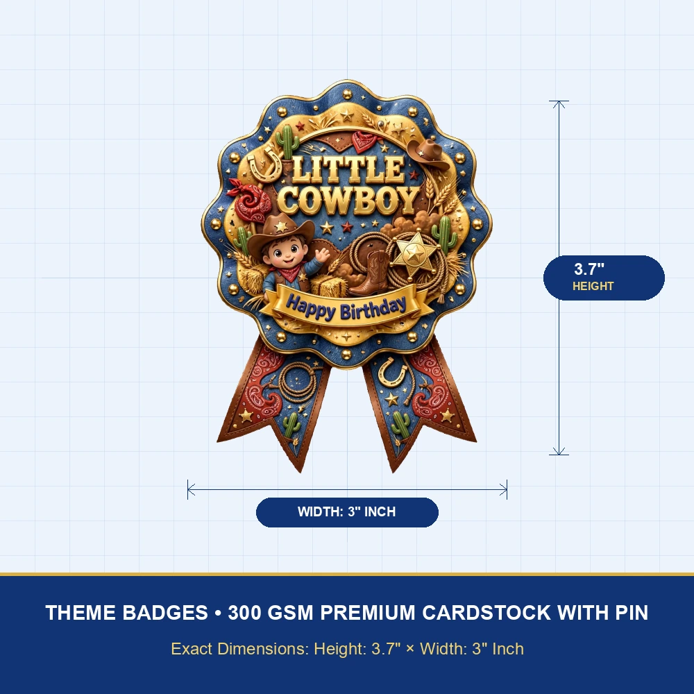Little Cowboy Theme Theme Badges Birthday Party Supplies (PACK OF 16) - 300 GSM Premium Cardstock with Pin (3.7 x 3 Inch) - Premium Party Decor Supply by Party Decor Mall - View 4