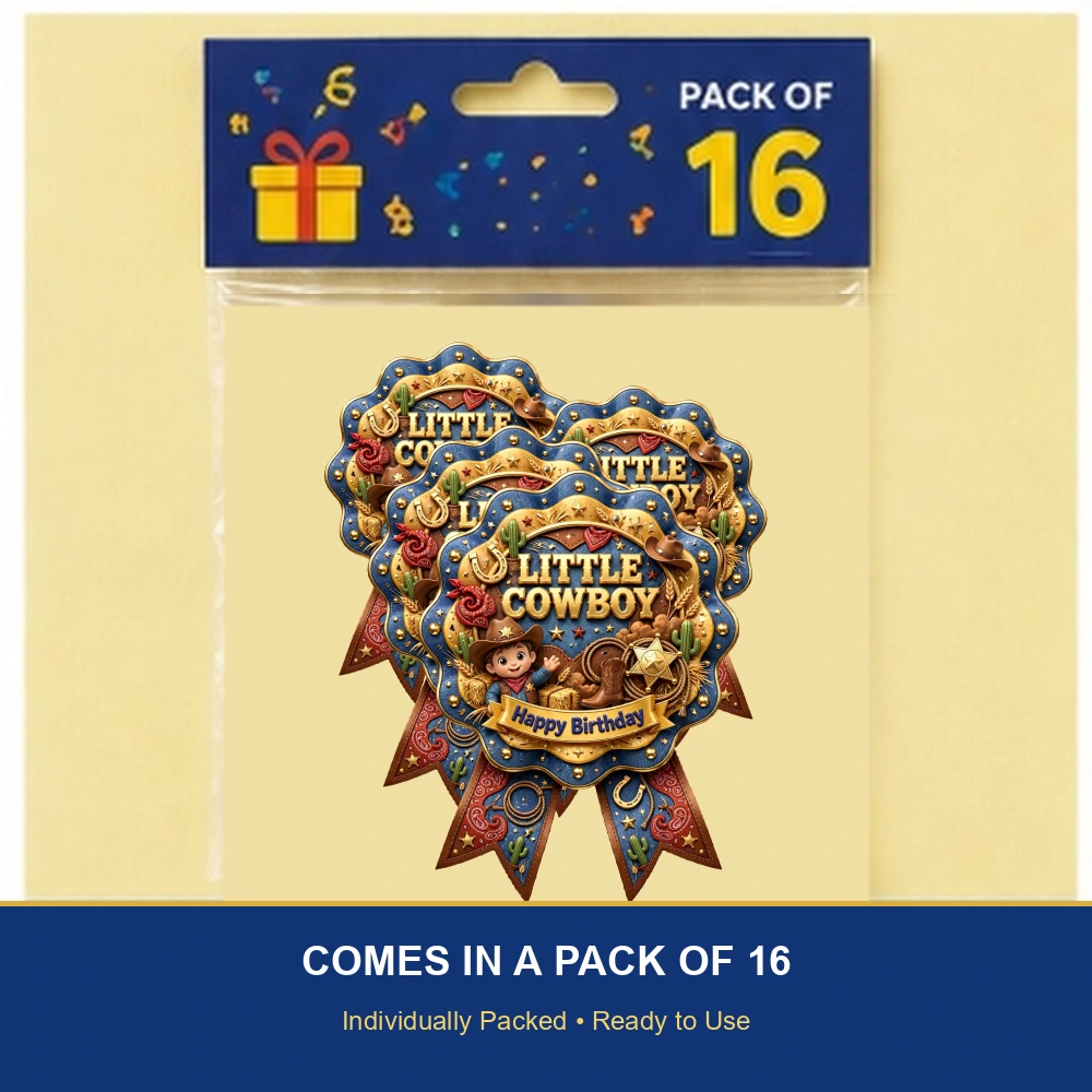Little Cowboy Theme Theme Badges Birthday Party Supplies (PACK OF 16) - 300 GSM Premium Cardstock with Pin (3.7 x 3 Inch) - Premium Party Decor Supply by Party Decor Mall - View 6