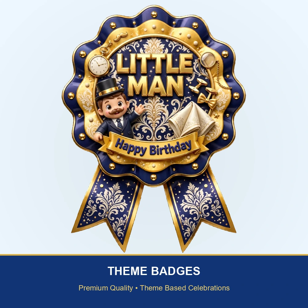 Little Man Theme Theme Badges Birthday Party Supplies (PACK OF 16) - 300 GSM Premium Cardstock with Pin (3.7 x 3 Inch) - Premium Party Decor Supply by Party Decor Mall - View 2
