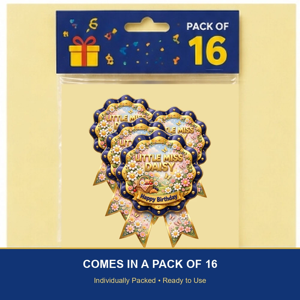 Little Miss Daisy Theme Theme Badges Birthday Party Supplies (PACK OF 16) - 300 GSM Premium Cardstock with Pin (3.7 x 3 Inch) - Premium Party Decor Supply by Party Decor Mall - View 6