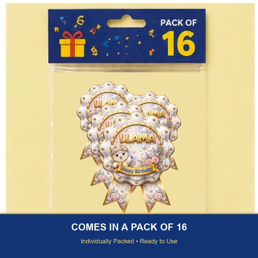 Llama Theme Theme Badges Birthday Party Supplies (PACK OF 16) - 300 GSM Premium Cardstock with Pin (3.7 x 3 Inch) - Premium Party Decor Supply by Party Decor Mall - View 6