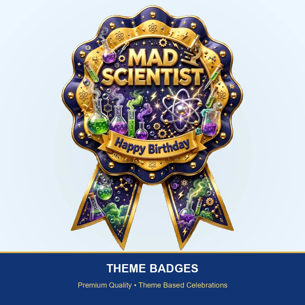 Mad Scientist Theme Theme Badges Birthday Party Supplies (PACK OF 16) - 300 GSM Premium Cardstock with Pin (3.7 x 3 Inch) - Premium Party Decor Supply by Party Decor Mall - View 2
