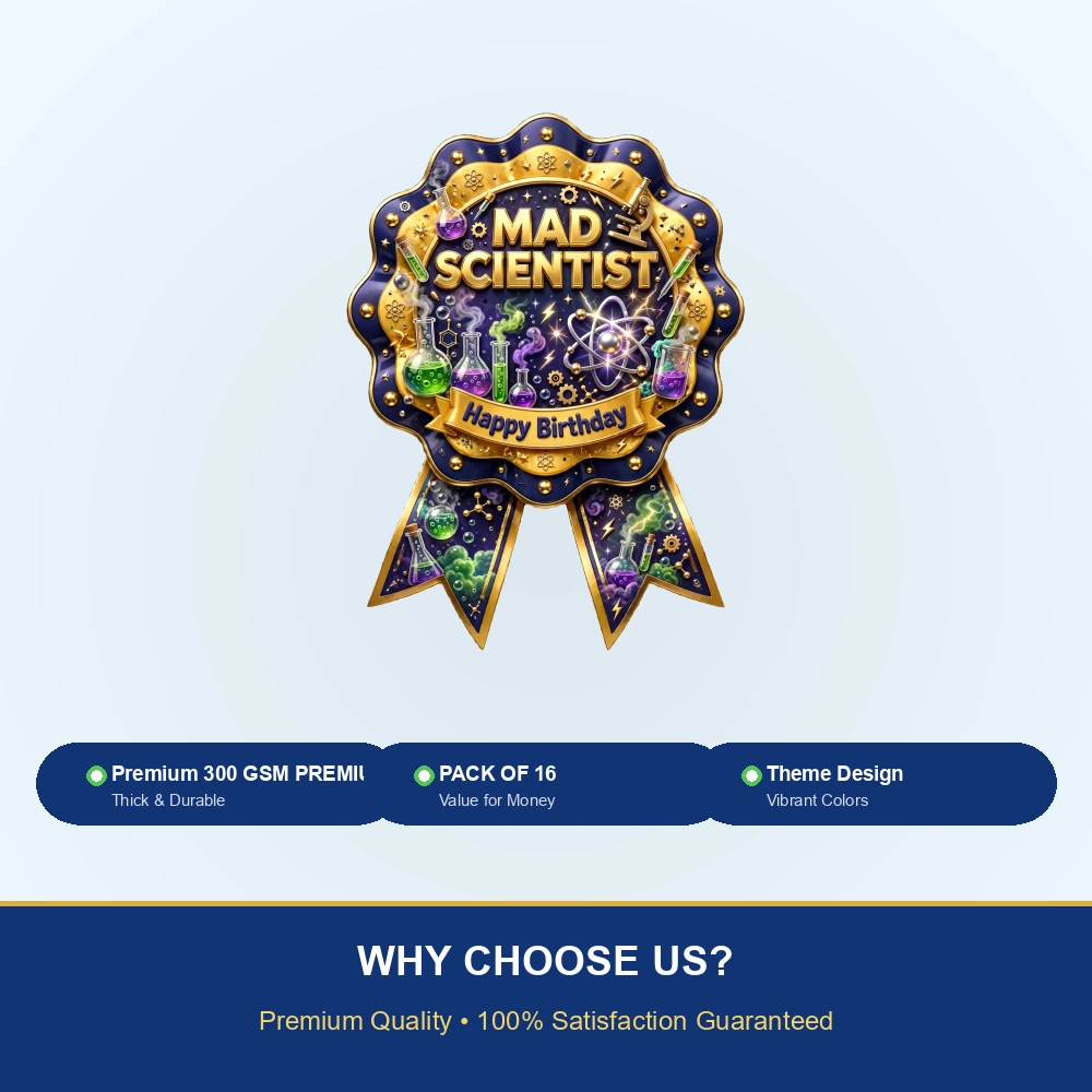 Mad Scientist Theme Theme Badges Birthday Party Supplies (PACK OF 16) - 300 GSM Premium Cardstock with Pin (3.7 x 3 Inch) - Premium Party Decor Supply by Party Decor Mall - View 7