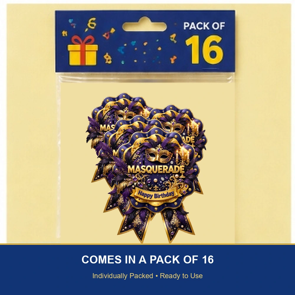 Masquerade Theme Theme Badges Birthday Party Supplies (PACK OF 16) - 300 GSM Premium Cardstock with Pin (3.7 x 3 Inch) - Premium Party Decor Supply by Party Decor Mall - View 6