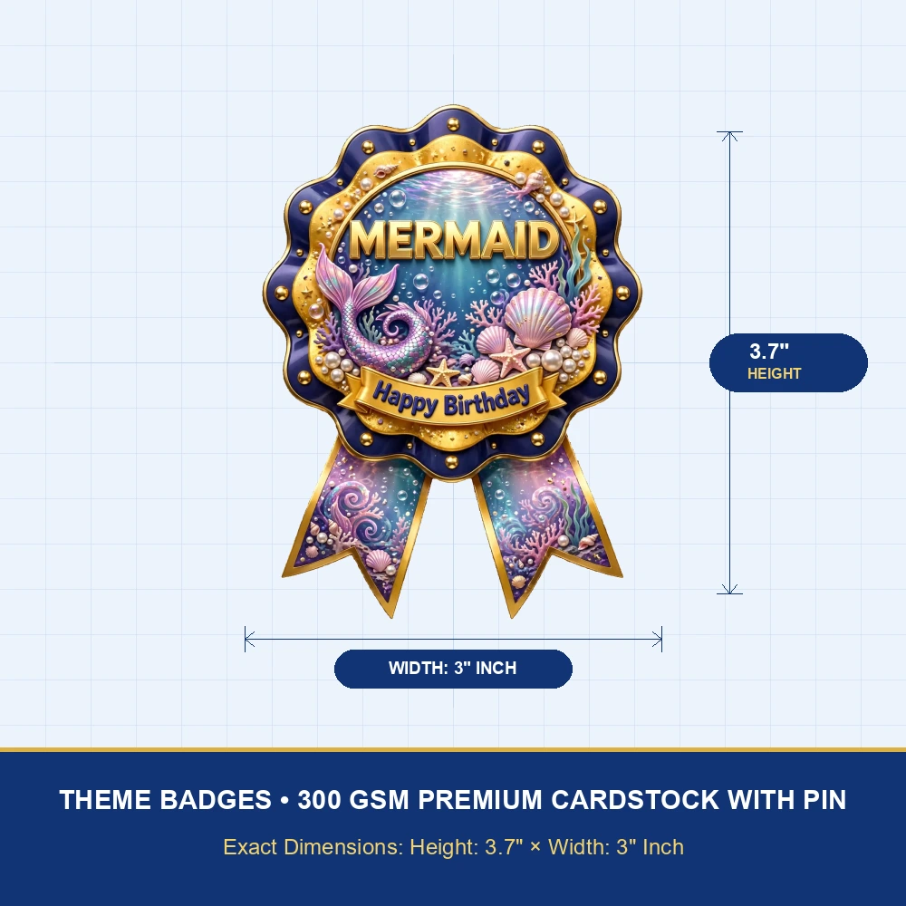 Mermaid Theme Theme Badges Birthday Party Supplies (PACK OF 16) - 300 GSM Premium Cardstock with Pin (3.7 x 3 Inch) - Premium Party Decor Supply by Party Decor Mall - View 4