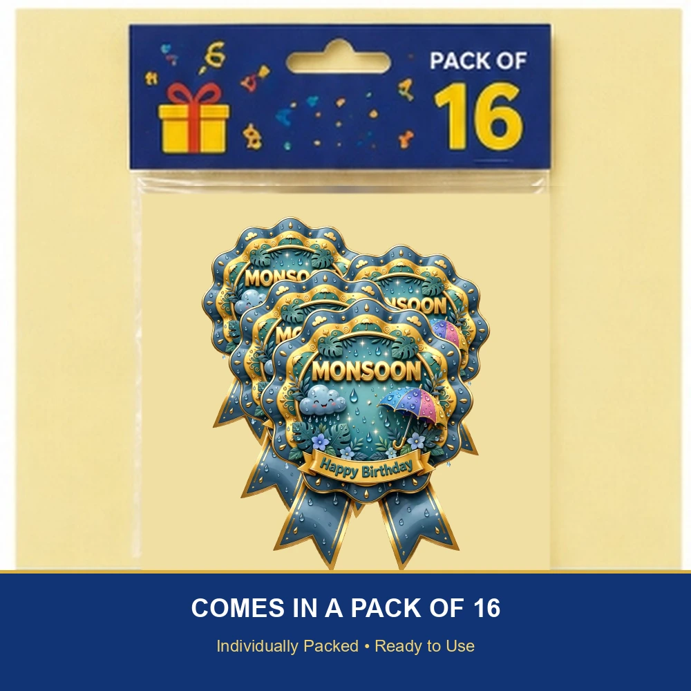 Monsoon Theme Theme Badges Birthday Party Supplies (PACK OF 16) - 300 GSM Premium Cardstock with Pin (3.7 x 3 Inch) - Premium Party Decor Supply by Party Decor Mall - View 6