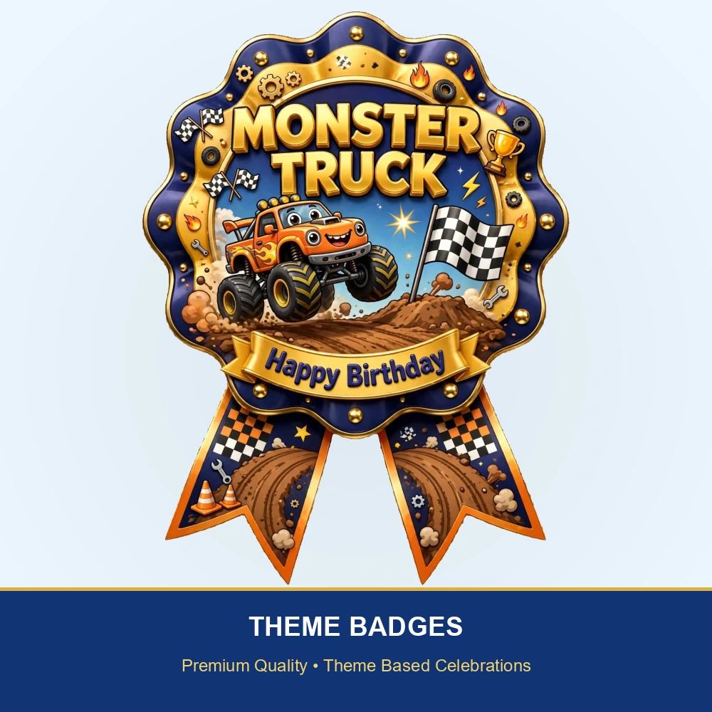 Monster Truck Theme Theme Badges Birthday Party Supplies (PACK OF 16) - 300 GSM Premium Cardstock with Pin (3.7 x 3 Inch) - Premium Party Decor Supply by Party Decor Mall - View 2