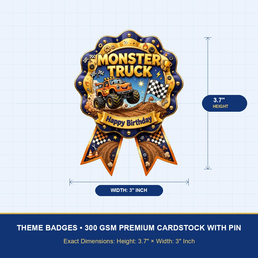 Monster Truck Theme Theme Badges Birthday Party Supplies (PACK OF 16) - 300 GSM Premium Cardstock with Pin (3.7 x 3 Inch) - Premium Party Decor Supply by Party Decor Mall - View 4