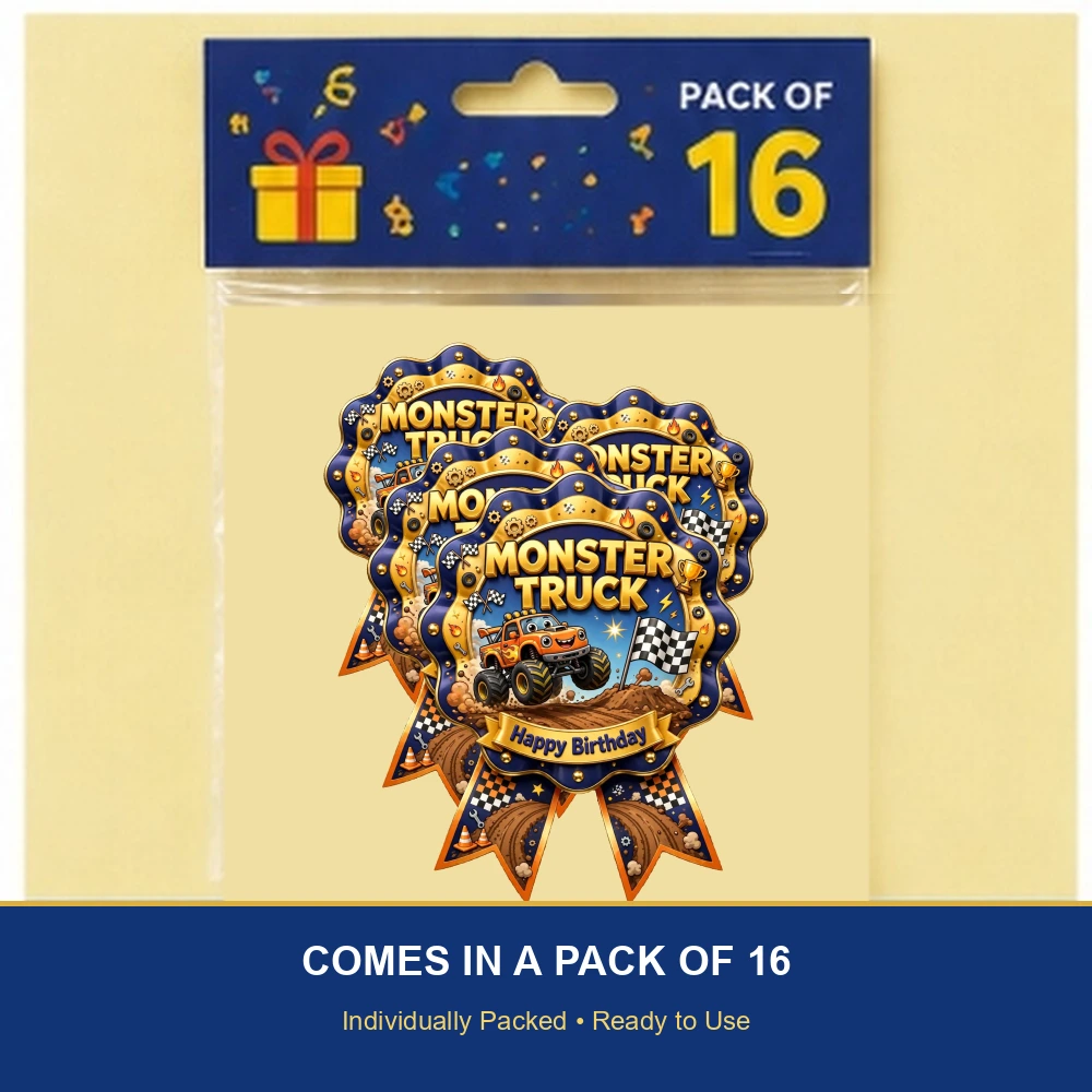 Monster Truck Theme Theme Badges Birthday Party Supplies (PACK OF 16) - 300 GSM Premium Cardstock with Pin (3.7 x 3 Inch) - Premium Party Decor Supply by Party Decor Mall - View 6