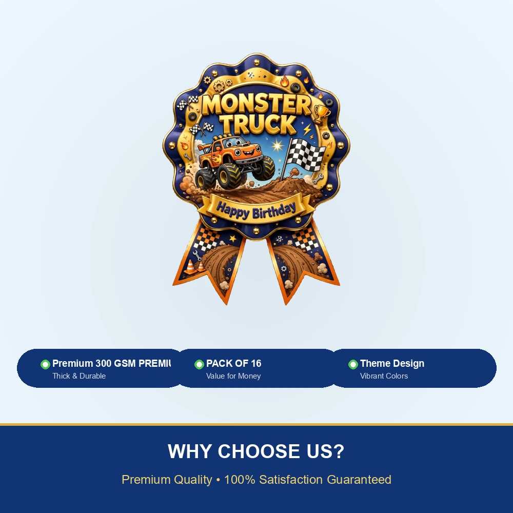 Monster Truck Theme Theme Badges Birthday Party Supplies (PACK OF 16) - 300 GSM Premium Cardstock with Pin (3.7 x 3 Inch) - Premium Party Decor Supply by Party Decor Mall - View 7