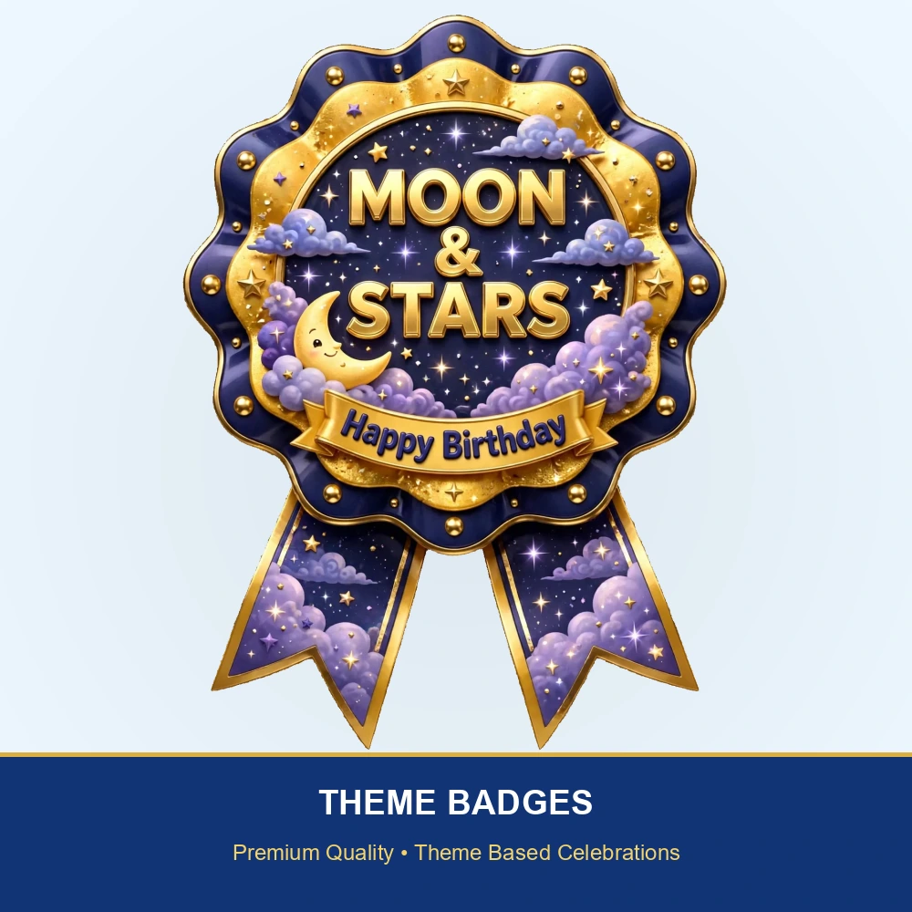 Moon & Stars Theme Theme Badges Birthday Party Supplies (PACK OF 16) - 300 GSM Premium Cardstock with Pin (3.7 x 3 Inch) - Premium Party Decor Supply by Party Decor Mall - View 2
