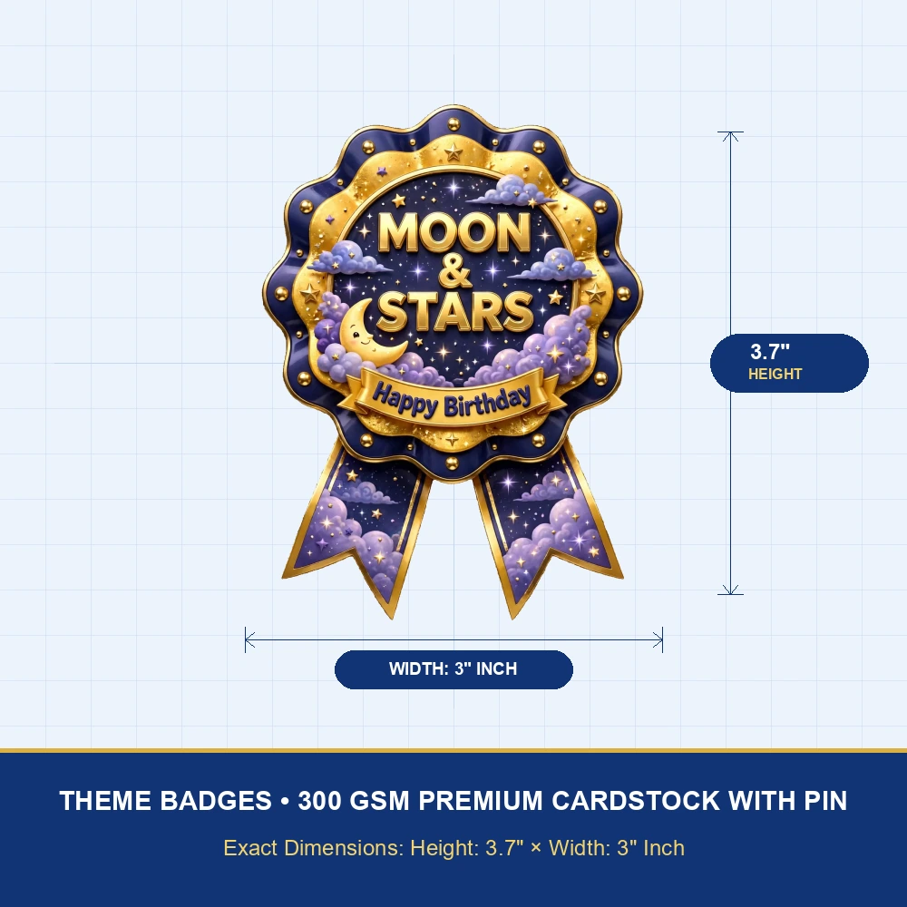 Moon & Stars Theme Theme Badges Birthday Party Supplies (PACK OF 16) - 300 GSM Premium Cardstock with Pin (3.7 x 3 Inch) - Premium Party Decor Supply by Party Decor Mall - View 4