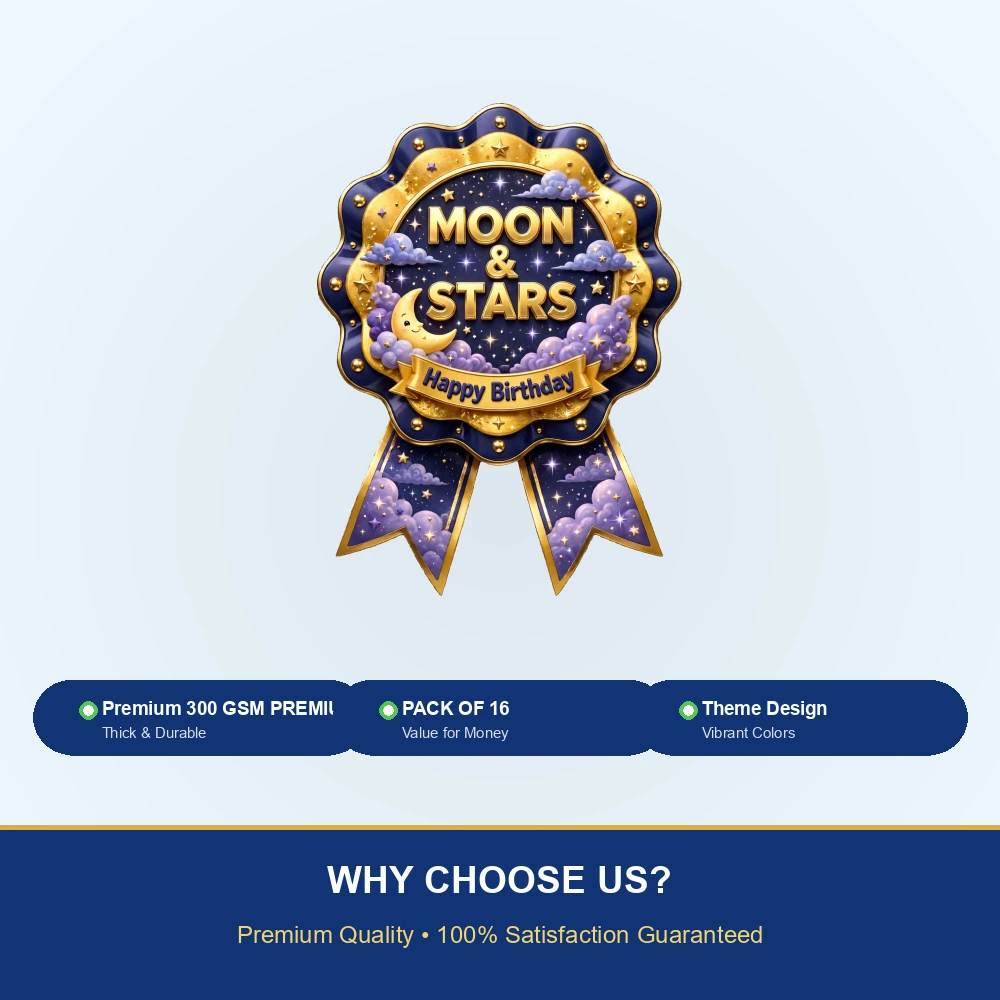 Moon & Stars Theme Theme Badges Birthday Party Supplies (PACK OF 16) - 300 GSM Premium Cardstock with Pin (3.7 x 3 Inch) - Premium Party Decor Supply by Party Decor Mall - View 7