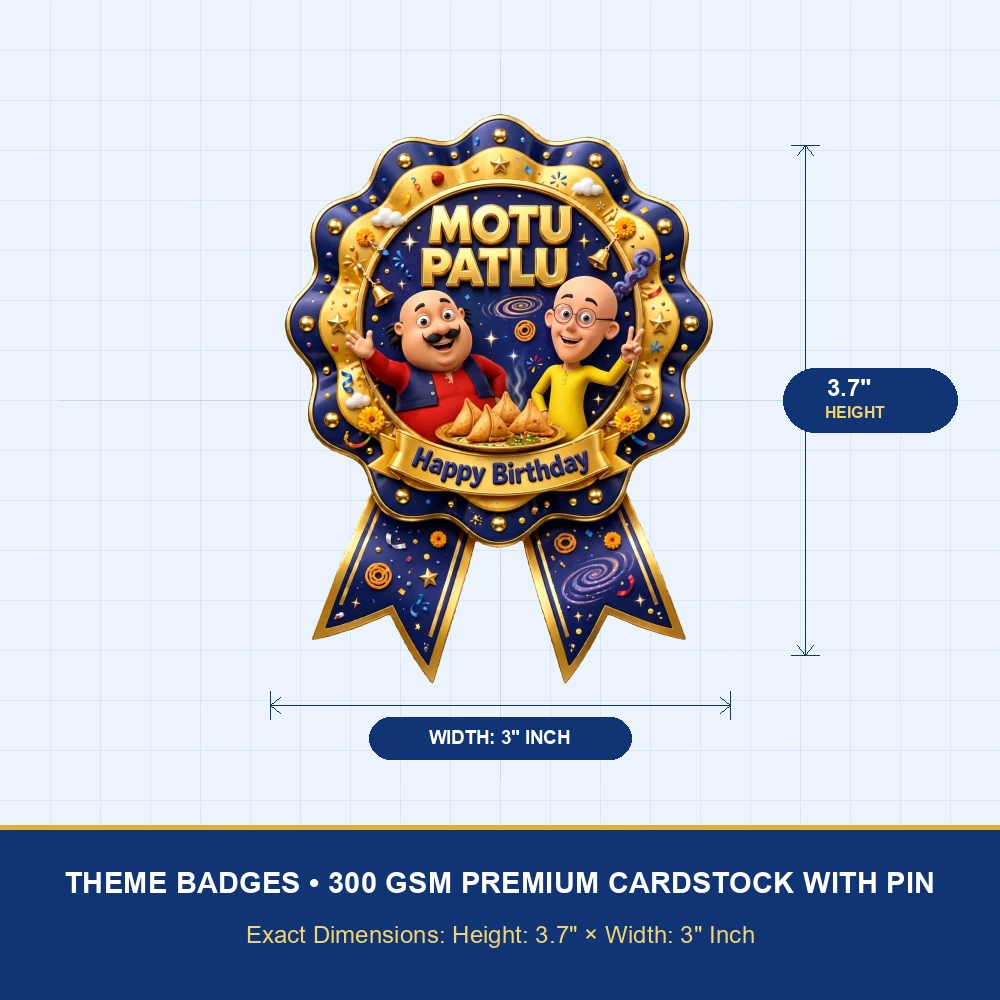 Motu Patlu Theme Theme Badges Birthday Party Supplies (PACK OF 16) - 300 GSM Premium Cardstock with Pin (3.7 x 3 Inch) - Premium Party Decor Supply by Party Decor Mall - View 4