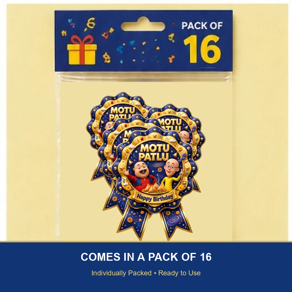 Motu Patlu Theme Theme Badges Birthday Party Supplies (PACK OF 16) - 300 GSM Premium Cardstock with Pin (3.7 x 3 Inch) - Premium Party Decor Supply by Party Decor Mall - View 6