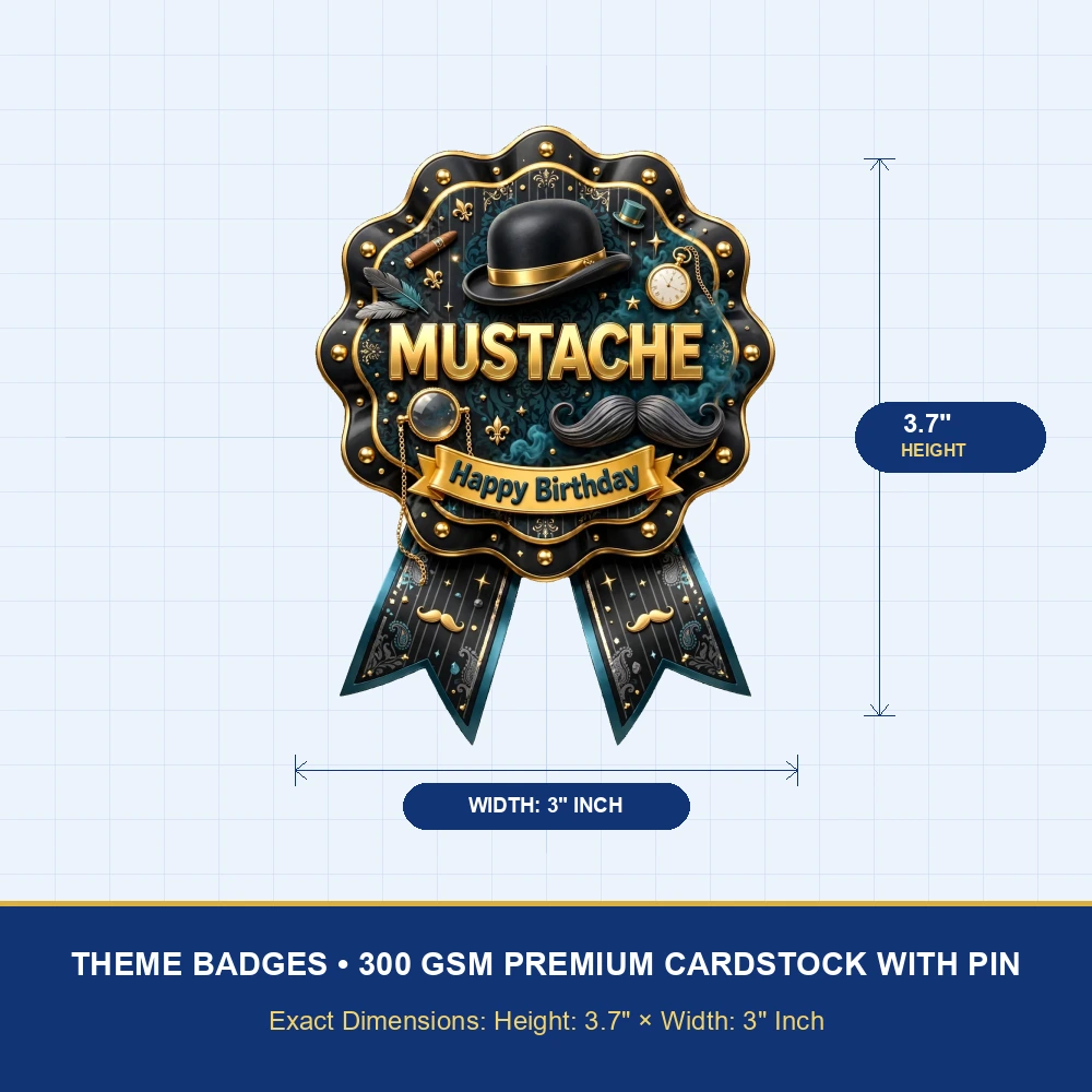 Mustache Theme Theme Badges Birthday Party Supplies (PACK OF 16) - 300 GSM Premium Cardstock with Pin (3.7 x 3 Inch) - Premium Party Decor Supply by Party Decor Mall - View 4