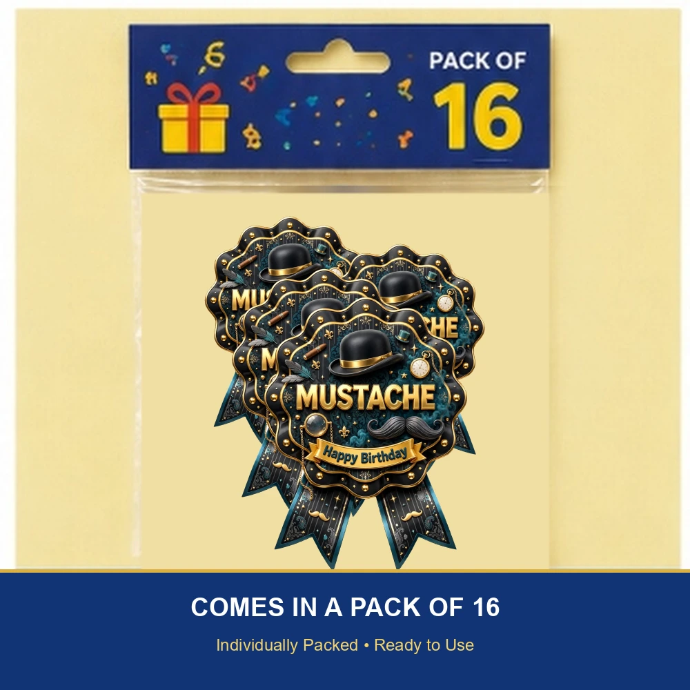 Mustache Theme Theme Badges Birthday Party Supplies (PACK OF 16) - 300 GSM Premium Cardstock with Pin (3.7 x 3 Inch) - Premium Party Decor Supply by Party Decor Mall - View 6