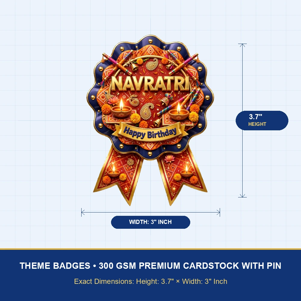 Navratri Theme Theme Badges Birthday Party Supplies (PACK OF 16) - 300 GSM Premium Cardstock with Pin (3.7 x 3 Inch) - Premium Party Decor Supply by Party Decor Mall - View 4