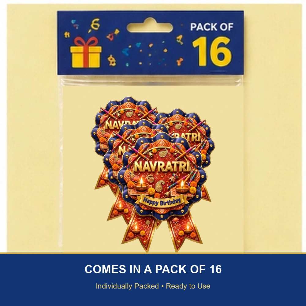 Navratri Theme Theme Badges Birthday Party Supplies (PACK OF 16) - 300 GSM Premium Cardstock with Pin (3.7 x 3 Inch) - Premium Party Decor Supply by Party Decor Mall - View 6