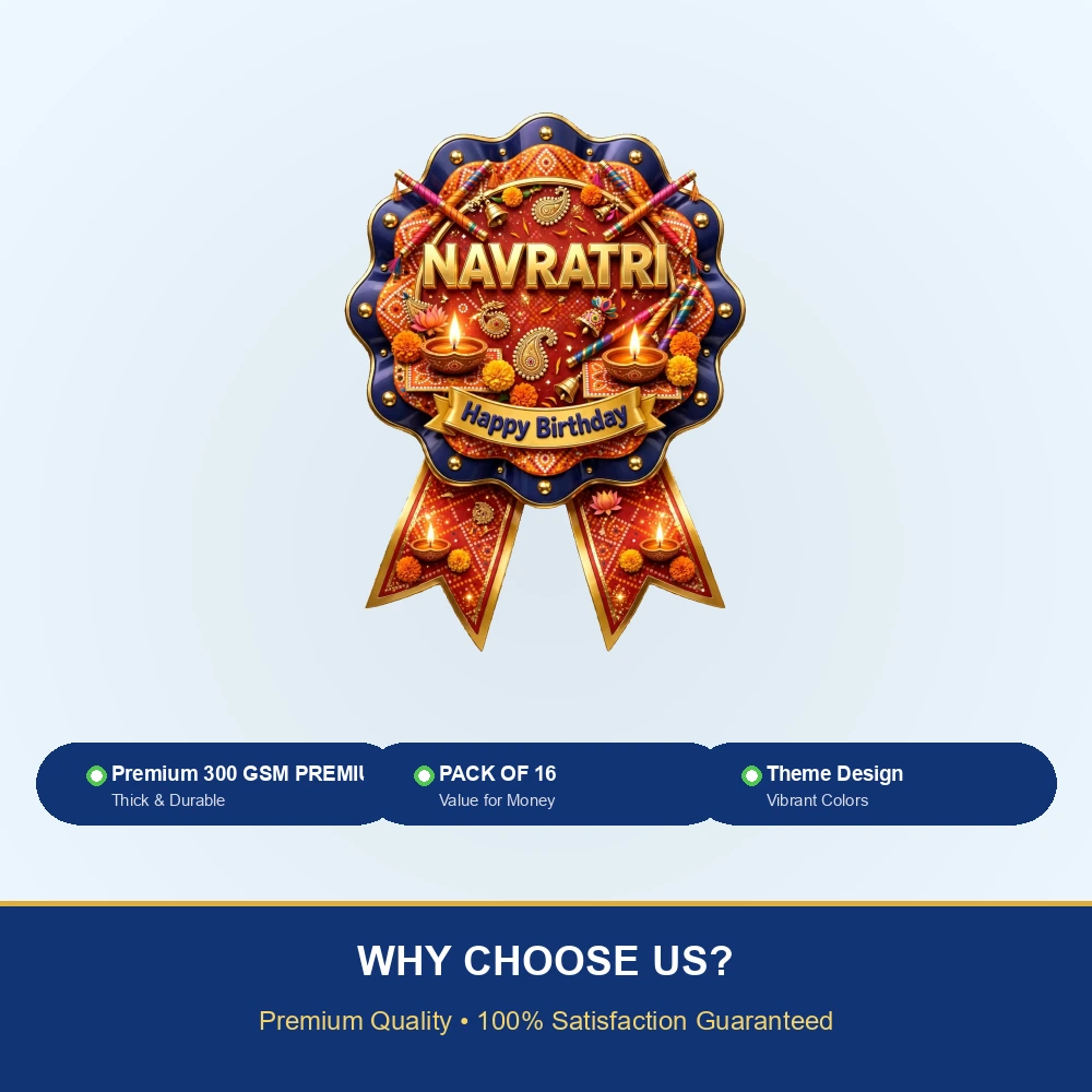 Navratri Theme Theme Badges Birthday Party Supplies (PACK OF 16) - 300 GSM Premium Cardstock with Pin (3.7 x 3 Inch) - Premium Party Decor Supply by Party Decor Mall - View 7