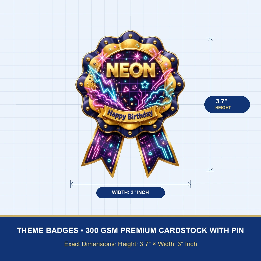 Neon Theme Theme Badges Birthday Party Supplies (PACK OF 16) - 300 GSM Premium Cardstock with Pin (3.7 x 3 Inch) - Premium Party Decor Supply by Party Decor Mall - View 4